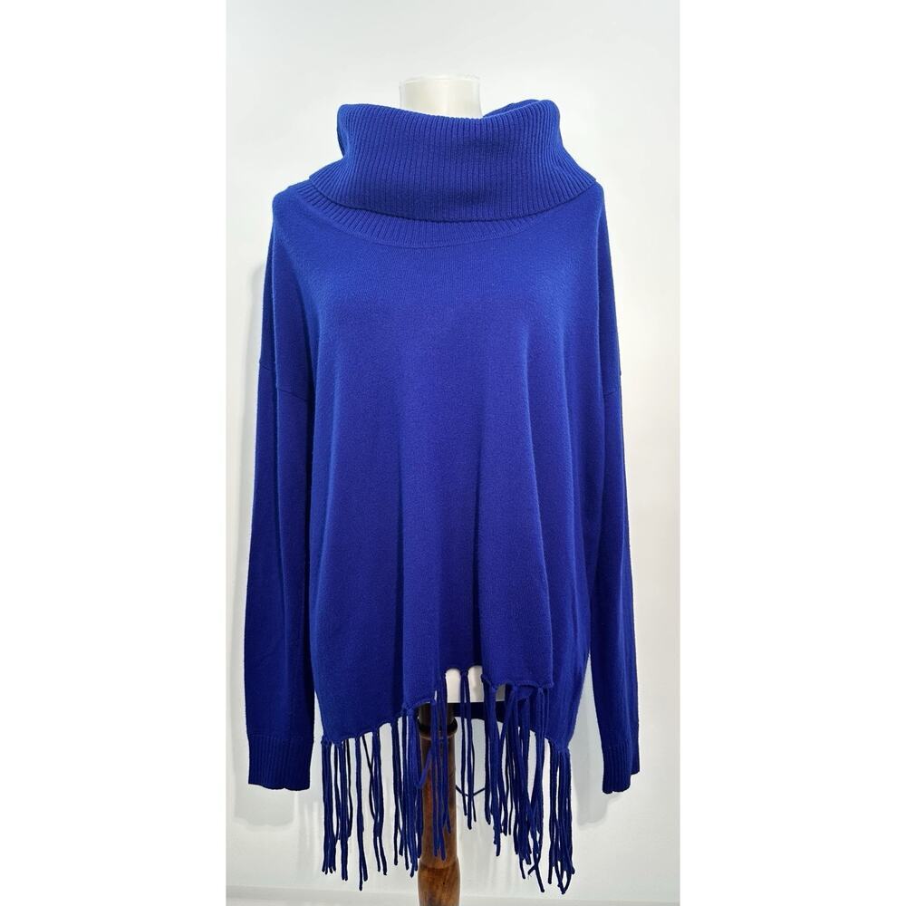 Michael Kors Womens M Royal Blue Fringe Hem Cowl Neck Sweater Cotton Blend - Picture 2 of 8